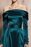 Dark Green Off the Shoulder A Line Long Satin Formal Dress with Sleeves