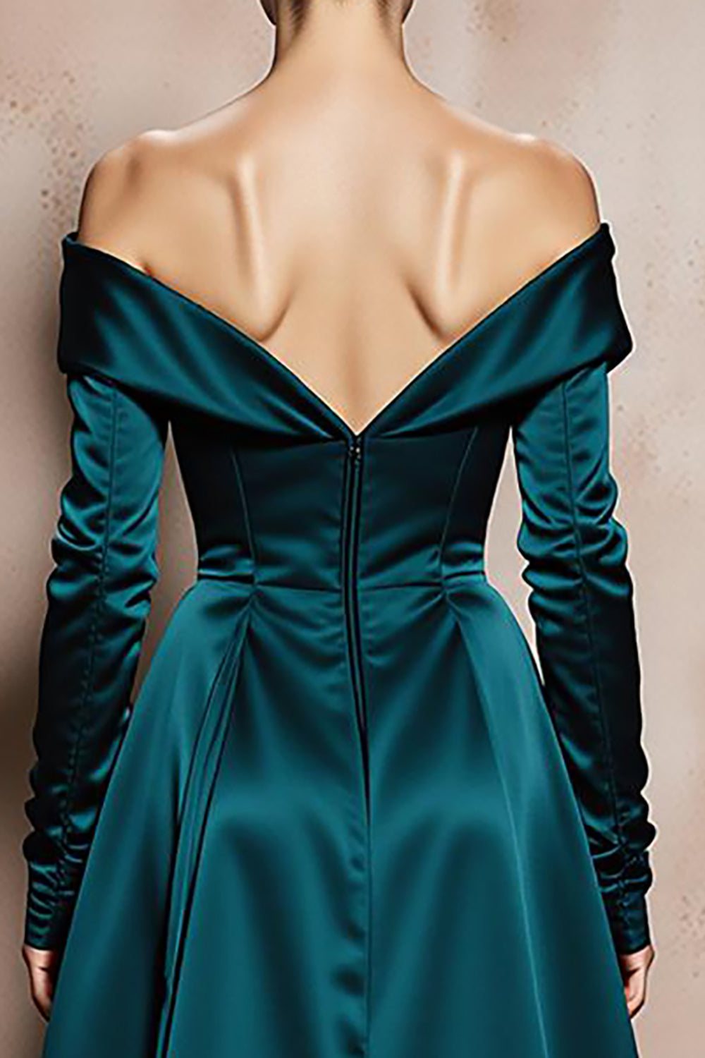Dark Green Off the Shoulder A Line Long Satin Formal Dress with Sleeves
