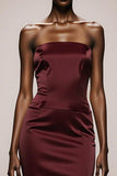 Simple Burgundy Strapless Satin Mermaid Long Formal Dress