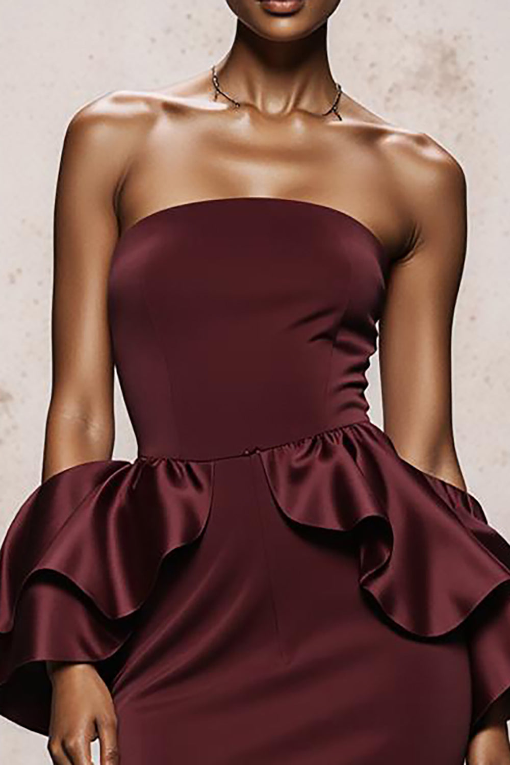 Burgundy Satin Strapless Mermaid Long Formal Dress with Ruffles
