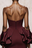 Burgundy Satin Strapless Mermaid Long Formal Dress with Ruffles
