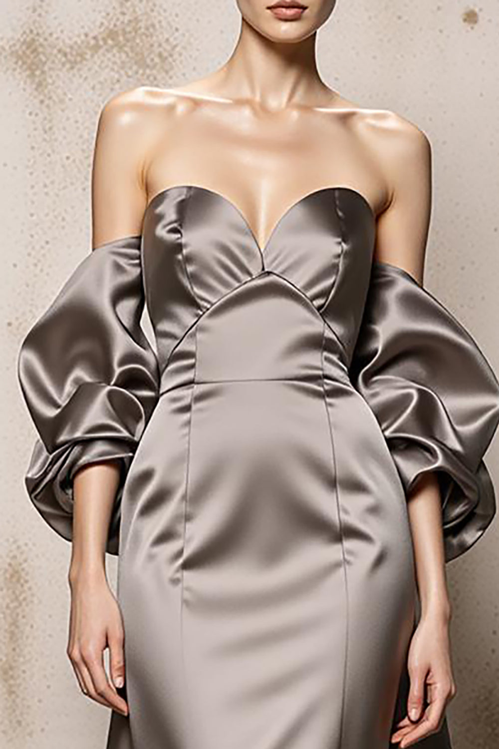 Sliver Satin Off the Shoulder Long Formal Dress with Sleeves