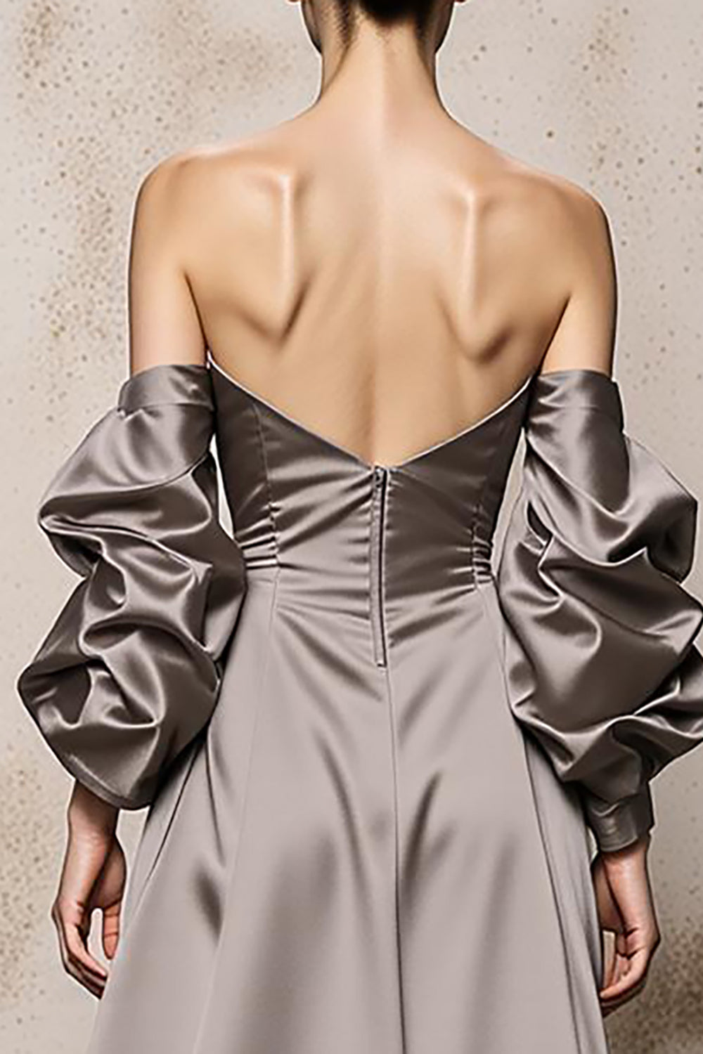 Sliver Satin Off the Shoulder Long Formal Dress with Sleeves
