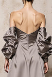 Sliver Satin Off the Shoulder Long Formal Dress with Sleeves