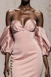 Light Pink Satin Mermaid Long Formal Dress with Sleeves