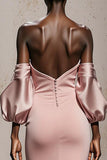 Light Pink Satin Mermaid Long Formal Dress with Sleeves