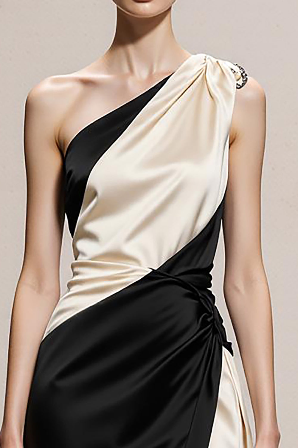 Black and White Satin Sheath One Shoulder Long Formal Dress