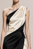 Black and White Satin Sheath One Shoulder Long Formal Dress