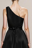 Black and White Satin Sheath One Shoulder Long Formal Dress