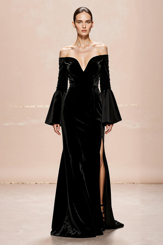 Black Mermaid Velvet Long Sleeves Formal Dress with Slit