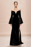 Black Mermaid Velvet Long Sleeves Formal Dress with Slit
