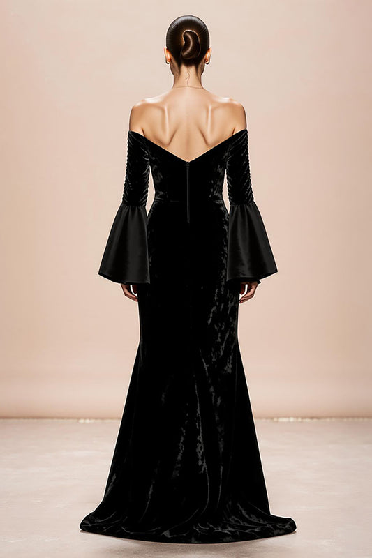 Black Mermaid Velvet Long Sleeves Formal Dress with Slit