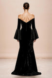 Black Mermaid Velvet Long Sleeves Formal Dress with Slit