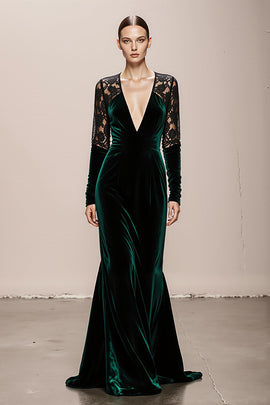 Dark Green V-Neck Velvet Mermaid Long Formal Dress with Lace