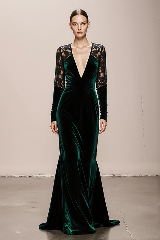 Dark Green V-Neck Velvet Mermaid Long Formal Dress with Lace