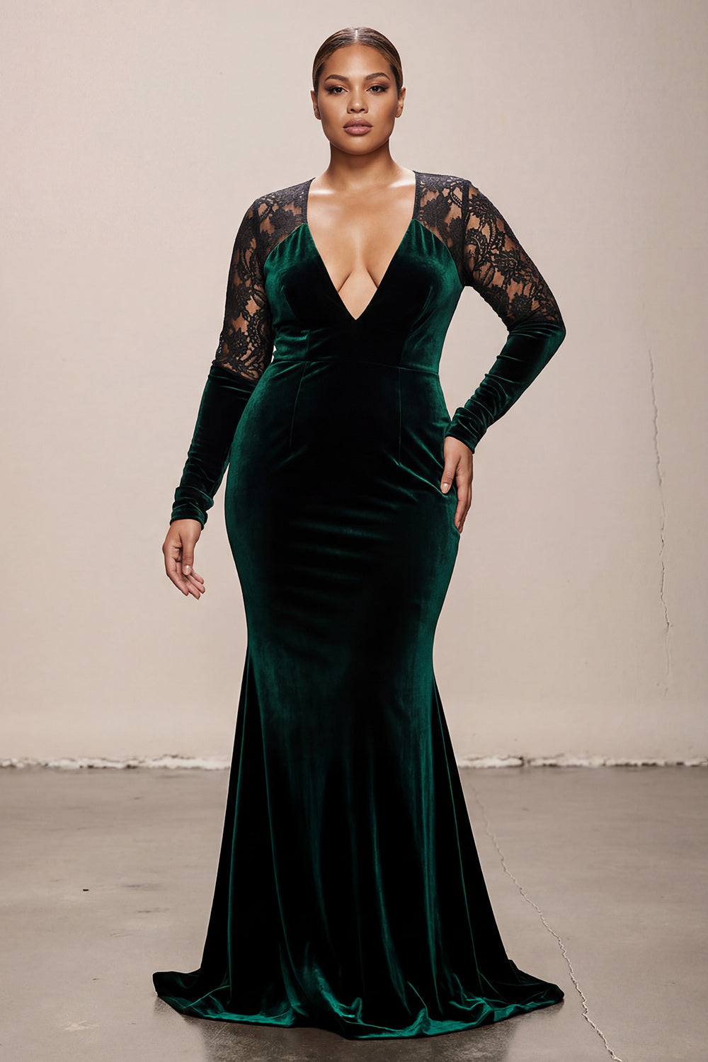 Dark Green V-Neck Velvet Mermaid Long Formal Dress with Lace