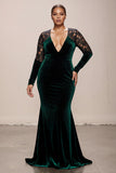 Dark Green V-Neck Velvet Mermaid Long Formal Dress with Lace