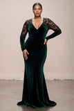 Dark Green V-Neck Velvet Mermaid Long Formal Dress with Lace