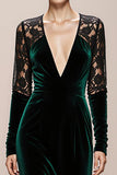 Dark Green V-Neck Velvet Mermaid Long Formal Dress with Lace
