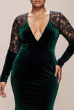 Dark Green V-Neck Velvet Mermaid Long Formal Dress with Lace