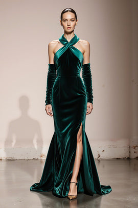 Dark Green Velvet Halter Mermaid Long Formal Dress with Slit