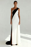 Black and White Sheath One Shoulder Long Formal Dress with Slit