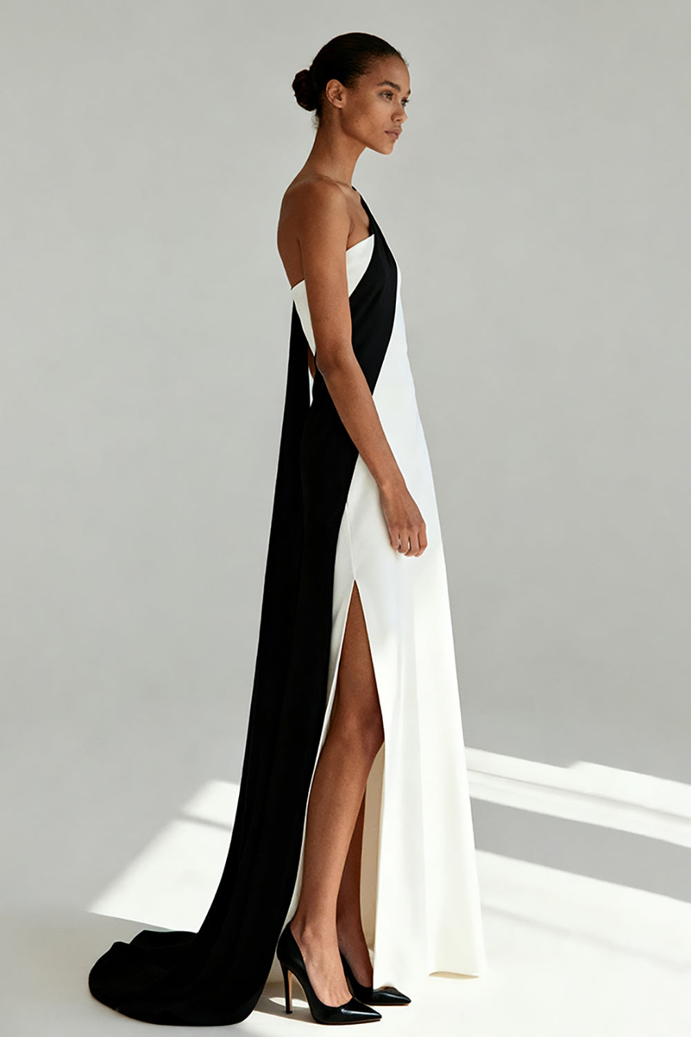 Black and White Sheath One Shoulder Long Formal Dress with Slit