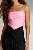 Black and Pink Strapless Satin Ruched Long Formal Dress