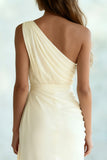 Ivory Ruched Chiffon Sheath One Shoulder Long Formal Dress