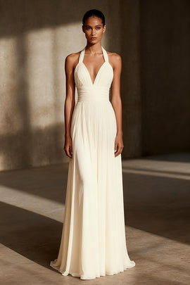 Ivory Sheath Ruched Chiffon Halter Long Formal Dress