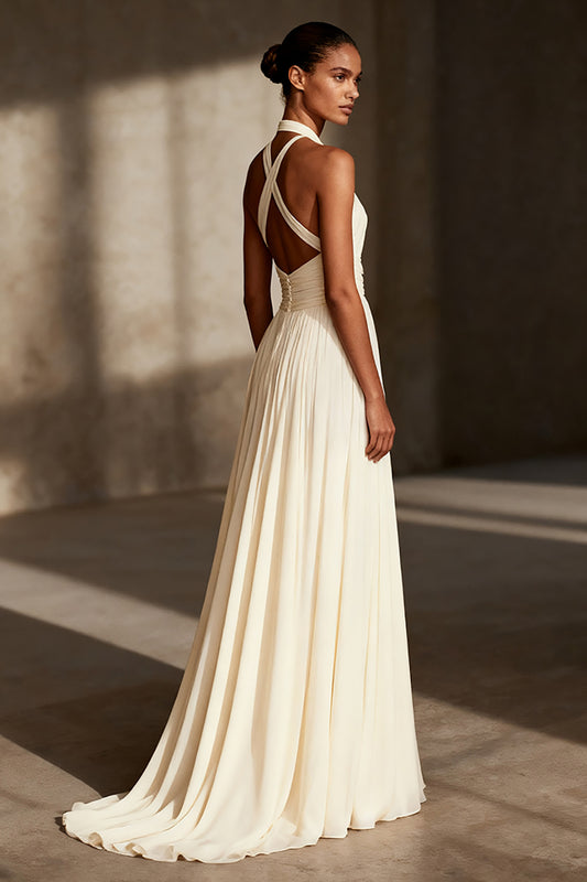 Ivory Sheath Ruched Chiffon Halter Long Formal Dress