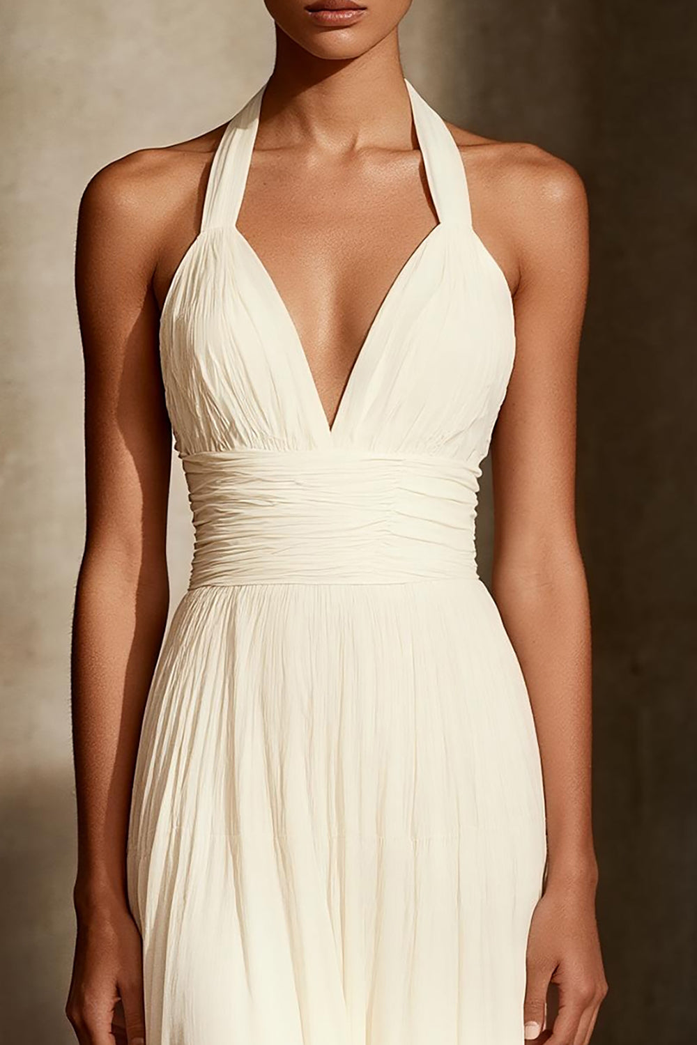 Ivory Sheath Ruched Chiffon Halter Long Formal Dress