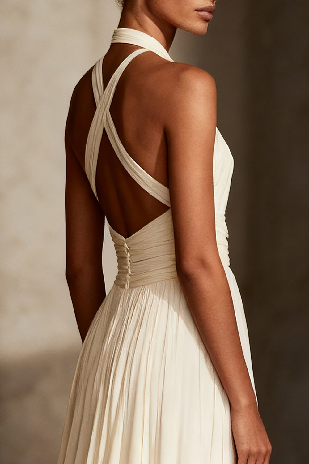 Ivory Sheath Ruched Chiffon Halter Long Formal Dress