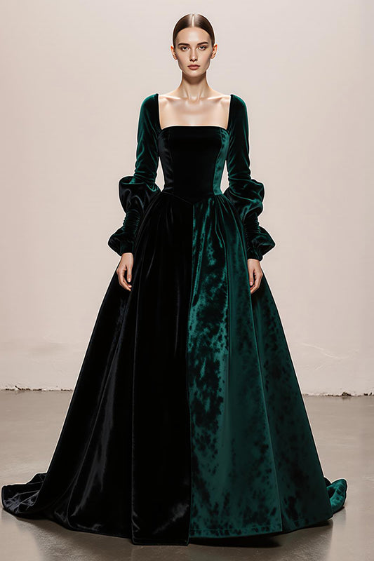 Dark Green Velvet Ball Gown Square Neck Long Holiday Party Dress