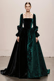 Dark Green Velvet Ball Gown Square Neck Long Holiday Party Dress