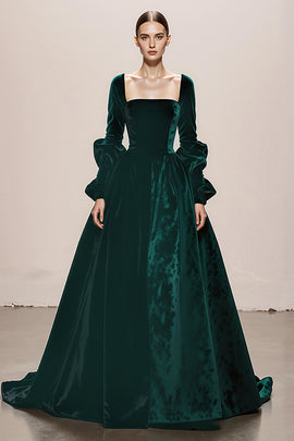 Dark Green Velvet Ball Gown Square Neck Long Holiday Party Dress