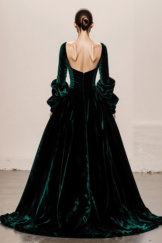 Dark Green Velvet Ball Gown Square Neck Long Holiday Party Dress
