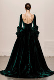 Dark Green Velvet Ball Gown Square Neck Long Holiday Party Dress