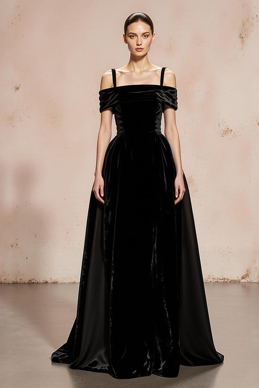 Black Ball Gown Velvet Cold Shoulder Long Holiday Party Dress