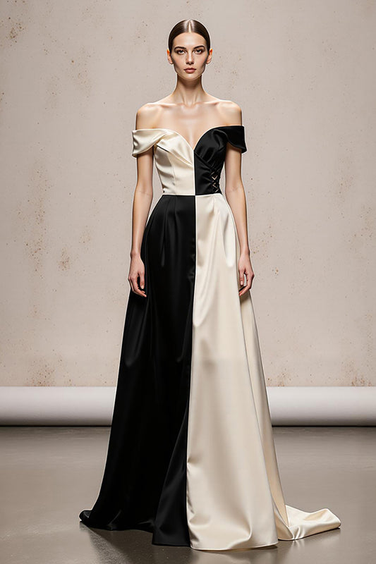 Black and White Satin Patchwork A Line Long Formal Dress