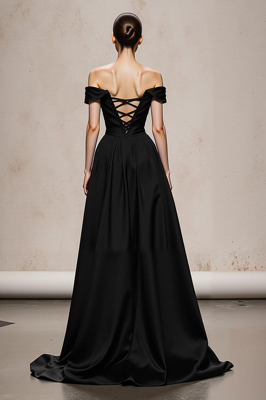Black and White Satin Patchwork A Line Long Formal Dress