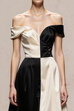 Black and White Satin Patchwork A Line Long Formal Dress