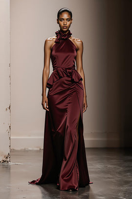 Simple Burgundy Halter Neck Satin Long Formal Dress