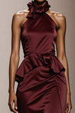 Simple Burgundy Halter Neck Satin Long Formal Dress