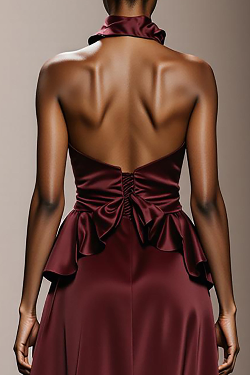 Simple Burgundy Halter Neck Satin Long Formal Dress