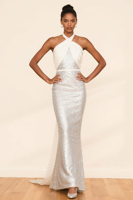 Sparkly White Mermaid Sequins Halter Long Formal Dress