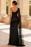 Black Satin Mermaid One Shoulder Long Formal Dress with Slit