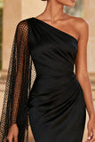 Black Satin Mermaid One Shoulder Long Formal Dress with Slit