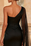 Black Satin Mermaid One Shoulder Long Formal Dress with Slit