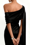 Black Mermaid Satin One Shoulder Long Formal Dress with Side Cape